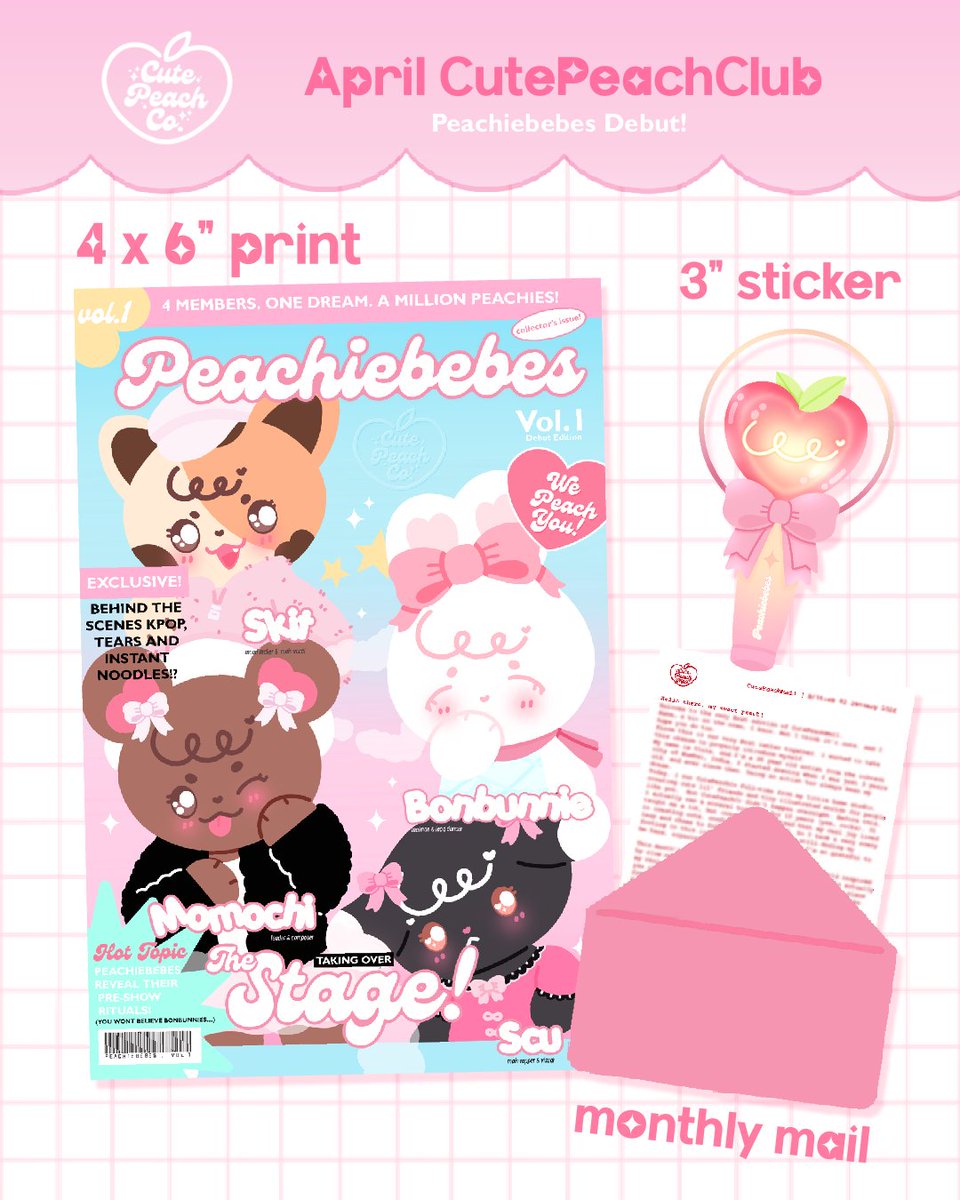 cutepeachco's tweet photo. My babies just debuted as an idol group! 🥹💖 
April CutePeachClub is now live, featuring my OCs, Peachiebebes! ꒰⁠⑅⁠ᵕ⁠༚⁠ᵕ⁠꒱⁠˖⁠♡
It also happens to be CutePeachCo's 4th anniversary so we are going ALL out this month hehe~

https://t.co/oERZFxzABC to join the club ✨ https://t.co/MxbJRb7kN0