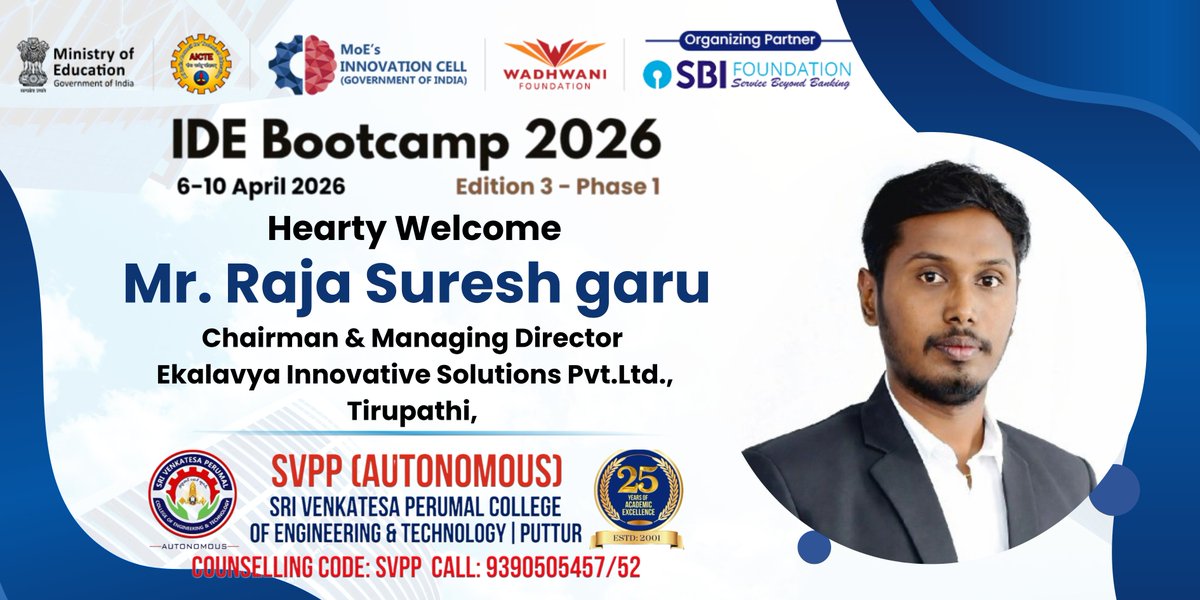 svpcetputtur's tweet photo. #IDEBootcamp 2026 – Day 4 | Session 13 at #SVPP Puttur, A.P
Welcoming Mr. Raja Suresh

@narendramodi @PMOIndia @EduMinOfIndia @mhrd_innovation @dpradhanbjp @PIBHRD @SITHARAMtg @abhayjere @MS_AICTE @AICTE_INDIA @wadhwanif @pradeepdhage
@svppalumni https://t.co/yme0d9NC5A