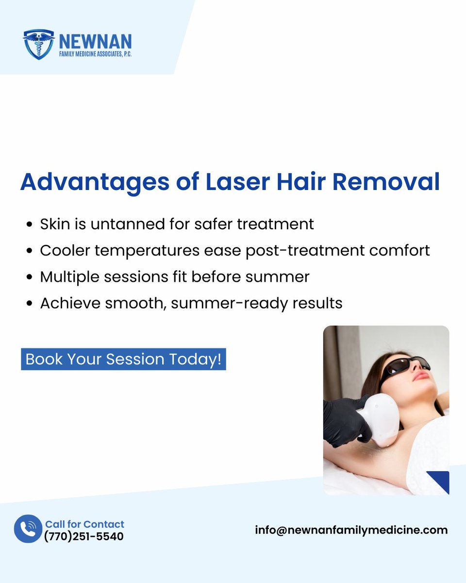 NewnanfamGA's tweet image. Laser hair removal works best with consistent sessions and proper spacing. Start early for smoother, long lasting results all year. 

#LaserHairRemoval #SmoothSkin #AestheticCare #NewnanFamilyMedicine #ConfidenceCare