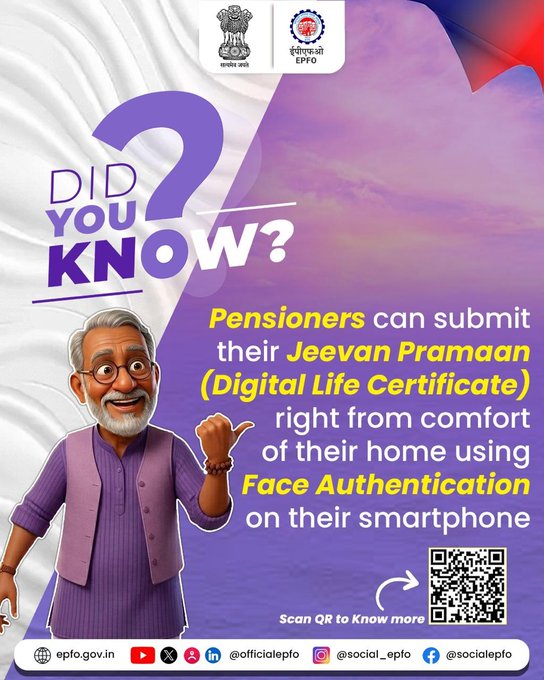 No more queues, no more hassle! 📱📷 Pensioners can now submit their Jeevan Pramaan (Digital Life Certificate) from the comfort of home using Face Authentication on their smartphone.  Simple. Secure. Seamless. 📷 
#EPFOWithYou #HumHainNa #DigitalLifeCertificate
