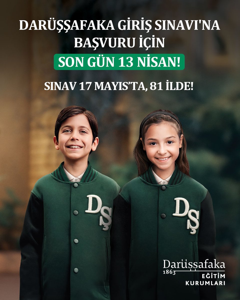 Darussafaka's tweet photo. Darüşşafaka Giriş Sınavı'na başvuru için son gün 13 Nisan! 🔔

Sınavımıza katılmak isteyen aday öğrenciler, bulundukları okul yönetiminden destek alarak e-Okul üzerinden Darüşşafaka Giriş Sınavı'na başvurabilirler.

Siz de babası ve/veya annesi hayatta olmayan, maddi olanakları yetersiz 4. sınıf öğrencilerinin, 17 Mayıs’ta Türkiye’nin 81 ilinde gerçekleştireceğimiz sınava girmesini sağlayın, üniversiteye kadar tam burslu ve nitelikli eğitim almalarına vesile olun. Çünkü Darüşşafaka Giriş Sınavı, #BirSınavdanFazlası 🖤💚

Detaylı bilgi için aşağıdaki bağlantıya tıklayabilirsiniz.

https://t.co/d39Nc0wMIM

#DarüşşafakaCemiyeti #DarüşşafakaEğitimKurumları #EğitimdeFırsatEşitliği #DarüşşafakaGirişSınavı