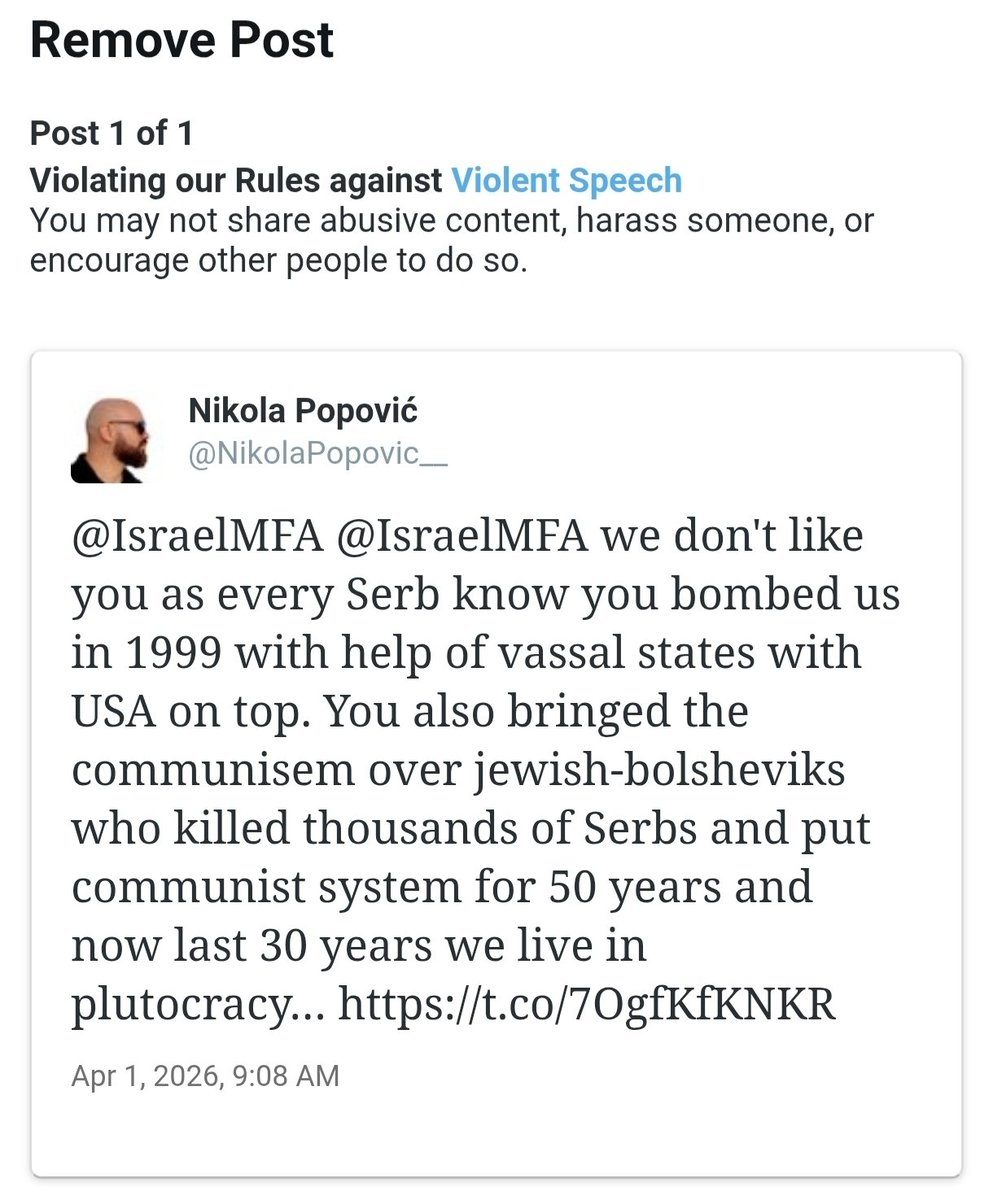 <a href="/elonmusk/">Elon Musk</a> -ov "freespeech" X me je blokiral za sedem dni, ker sem napisal razlog zakaj Srbi prezirajo etnične Žide in da bo prišel čas, da se poravnajo računi.

V zadnjih sedmih dneh se je zgodilo marsikaj na globalni in lokalni sceni. Sem zelo ponosen na moje Bele sorojake širom