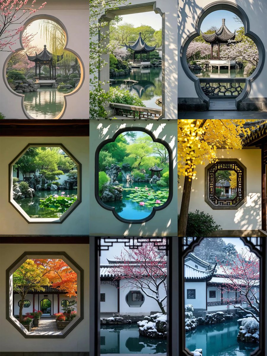 春夏秋冬的中式园林窗景