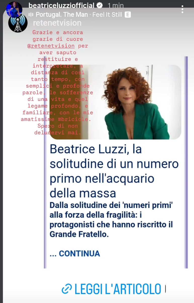 Ho letto l'articolo sono commossa e nello stesso tempo felice. La verità e la cultura di Beatrice ci è arrivata subito. Solo chi non ha voluto vedere non ha capito. Io ci sono stata e ci sarò sempre.❤️❤️❤️#retenetvision #beatriceluzzi