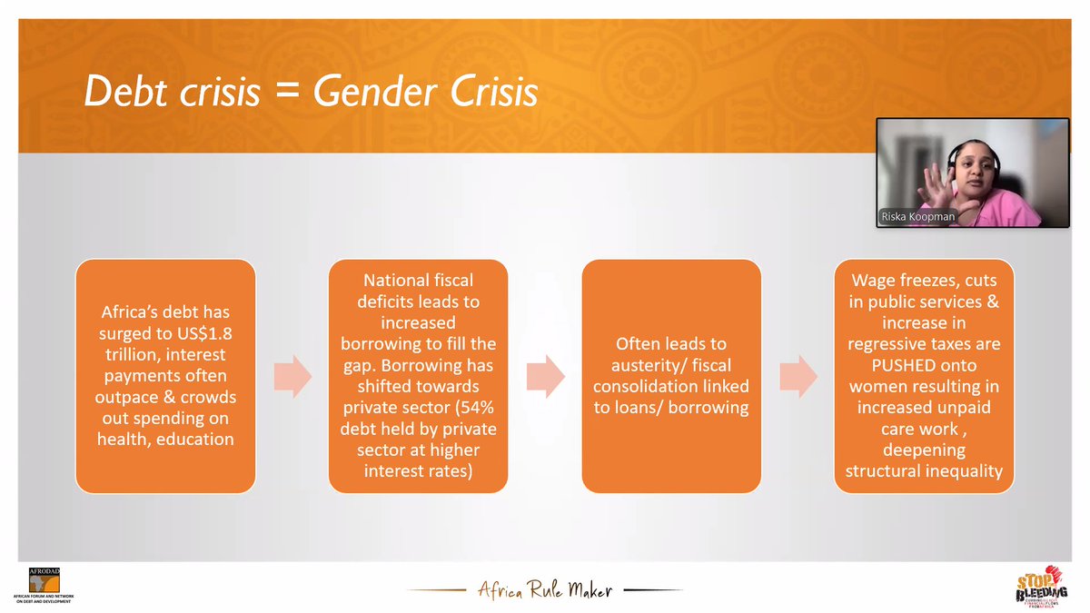 Youth_TJN's tweet image. Ms Riska Koopman has opened the webinar with a striking quote, "Debt Crisis = Gender Crisis." 

Between 2010 and 2025, Africa's #debt increased by 183%. Interest payments surged by 132%. Today, roughly 34 African countries spend more on external debt servicing than on #health and