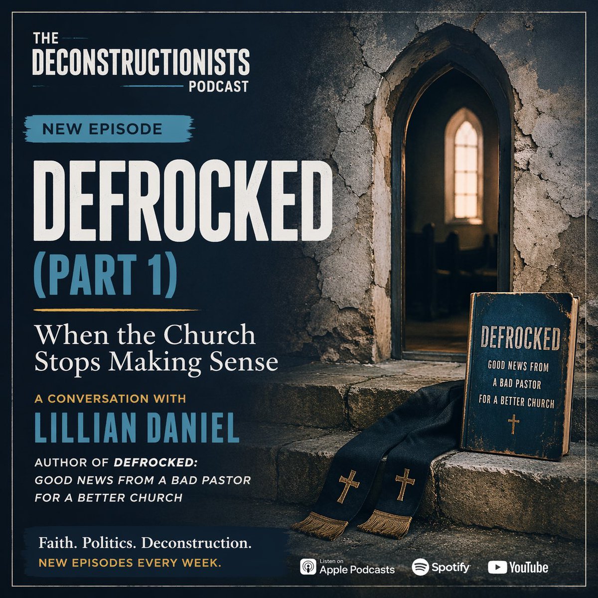 deconstructcast's tweet photo. What happens when a pastor starts questioning the system from the inside?

In Part 1 with Lillian Daniel, we explore failure, faith, and the cracks in modern church culture.

Based on her book Defrocked.

🎧 Listen now
#Deconstruction #Podcast https://t.co/z42RrS4K06
