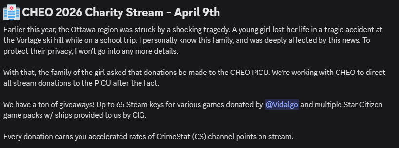 tvliQuidGG's tweet image. Earlier this year, the #Ottawa region was hit by a terrible tragedy. 

Today, we're doing our annual #CHEO charity drive. 

All proceeds will be sent to CHEO's PICU (handled by Twitch &amp;amp; CHEO Foundation).

The #StarCitizen community always steps up for these things. 

LIVE NOW!!