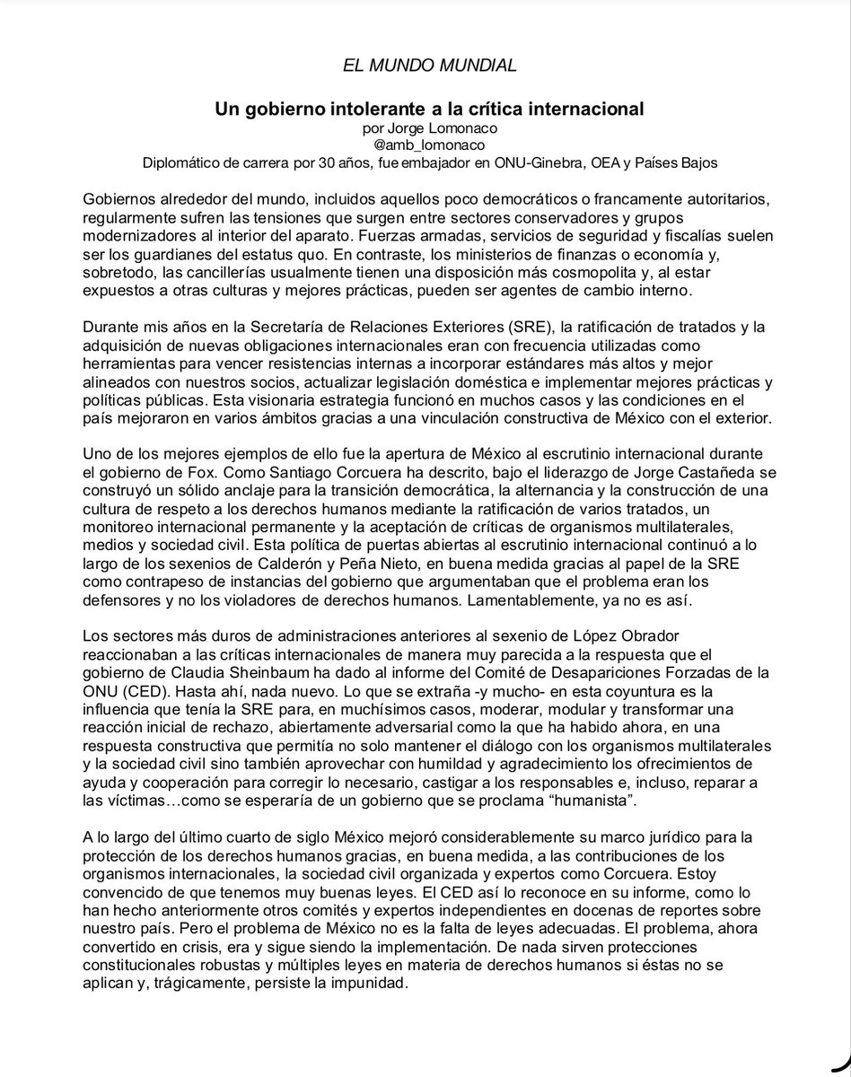 amb_lomonaco's tweet image. Lo que se extraña es la influencia que tenía @SRE para modular y transformar una reacción inicial, abiertamente adversarial como ahora, en una respuesta constructiva a organismos internacionales de #DDHH. Mi columna @Univ_Opinion: eluniversal.com.mx/opinion/jorge-…