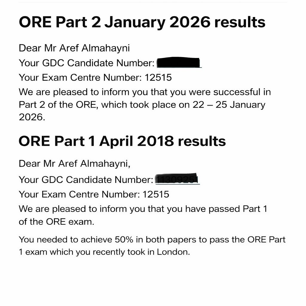 aom090's tweet photo. تم ولله الحمد التسجيل في المجلس العام لطب الأسنان (General Dental Council) في المملكة المتحدة 🇬🇧

بعد اجتياز اختبار ال ORE 

finally achieved GDC registration in the UK— https://t.co/hZlRAja2Ej