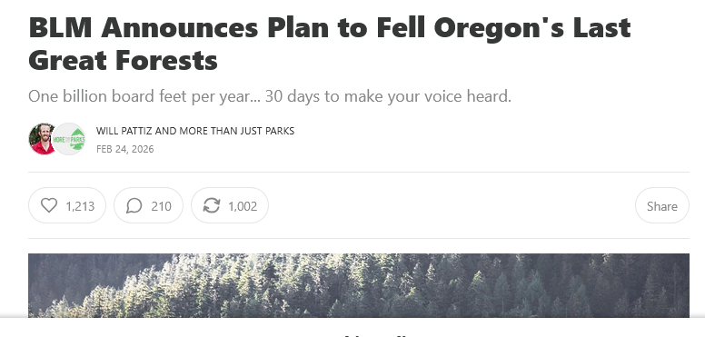 Whilst the media focuses on Iran
Trump is busying destroying American ancient forests and barely anyone is noticing 
Billions of Trees in Oregon alone to be chopped down morethanjustparks.substack.com/p/blm-announce…