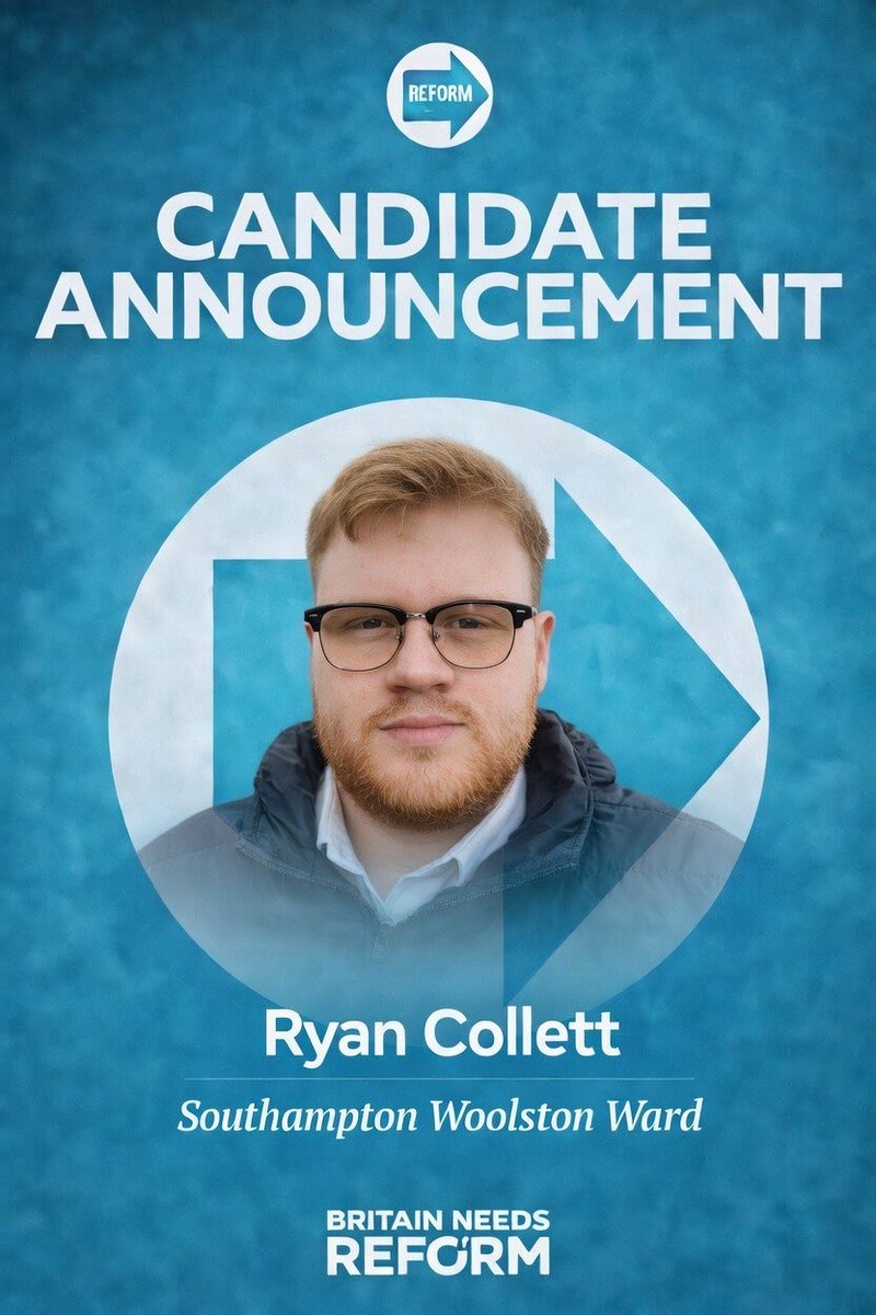 RSouthampt53553's tweet photo. Introducing Ryan Collett, Reform UK candidate for Southampton Woolston Ward.

“Residents are being asked to pay more while poor decisions continue to be made. The Portswood Bus Gate is a clear example, an expensive scheme that lacked support, reduced footfall, and increased congestion. I have been dedicated to supporting vulnerable people in our community and now work in business development, focusing on reducing costs and improving efficiency. I have a strong understanding of how social services operate across the city, particularly in children’s and adult services, and I want to see better outcomes and better use of public funds. I will bring this experience to work for our city and for local residents.”
@Ryan4Woolston 
#ReformUK #Southampton #Woolston #LocalElections