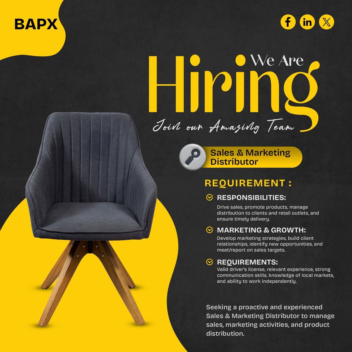 Bapxofficial's tweet photo. We’re hiring a Sales &amp; Marketing Distributor!

Drive sales, manage distribution &amp; build client relationships. Must have a valid driver’s license.

Apply now: https://t.co/q526fvmoRQ 

#Hiring #SalesJobs #MarketingJobs https://t.co/E6GybvvLc5