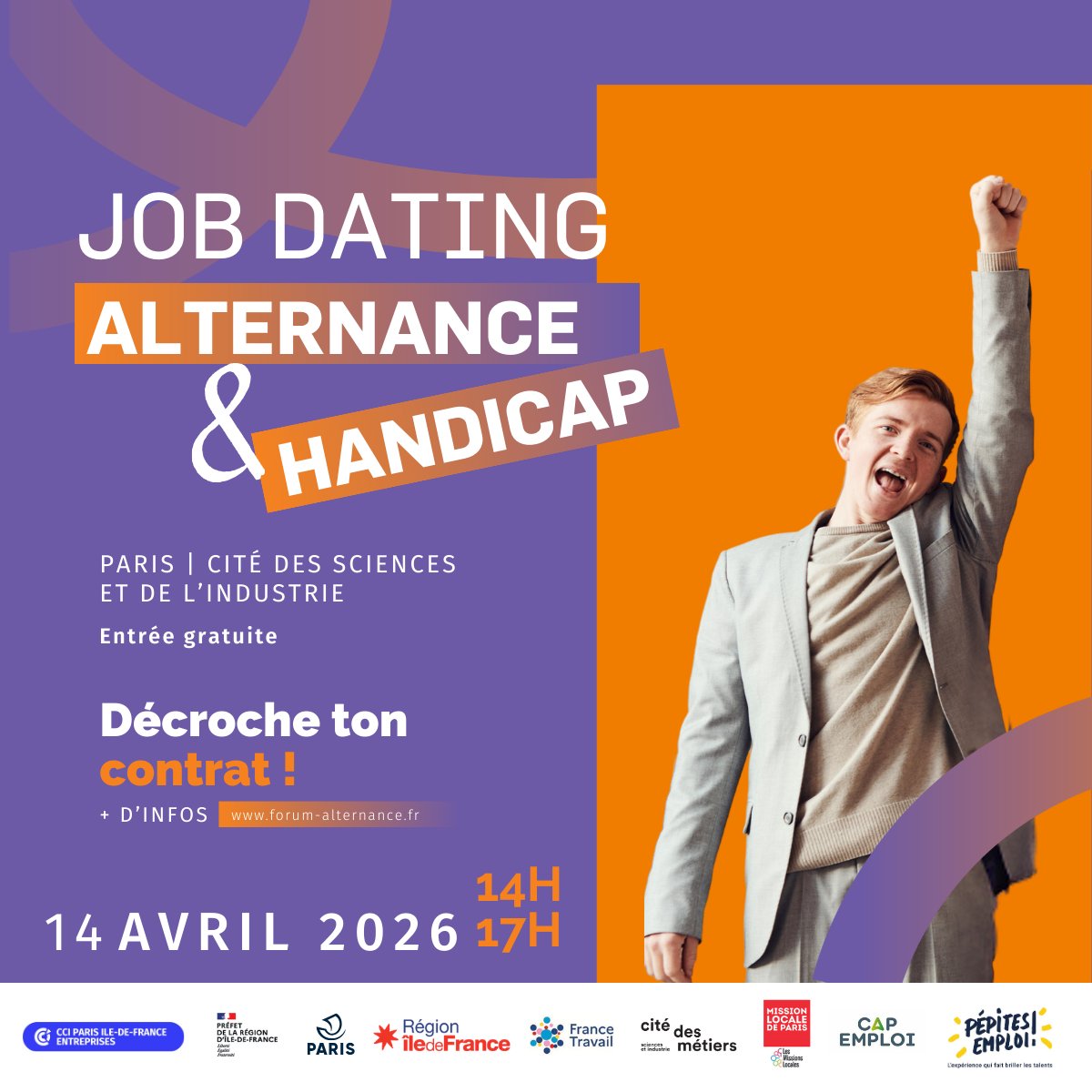 CCI_75's tweet image. ℹ️ [JOB DATING ALTERNANCE &amp;amp; HANDICAP] L'occasion de rencontrer des entreprises engagées en faveur de l'inclusion professionnelle.
Le 14 avril de 14h à 17h à Cité des sciences et de l'industrie de Paris
Participer ? forms.office.com/e/Xaxy3KyNC7?o… 
#JobDating #Handicap #Recrutement