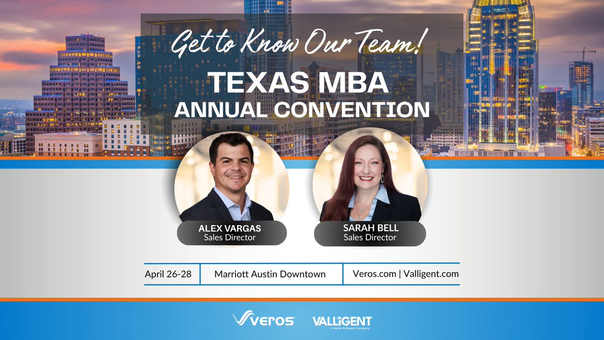 Valligent2003's tweet photo. The Texas MBA Annual Convention is approaching, and Veros and Valligent’s Sales Directors are looking forward to the opportunity to connect with industry peers and leaders! Email communications@veros.com to schedule a meeting with them today! Austin, here we come! https://t.co/BsVgFRCePG
