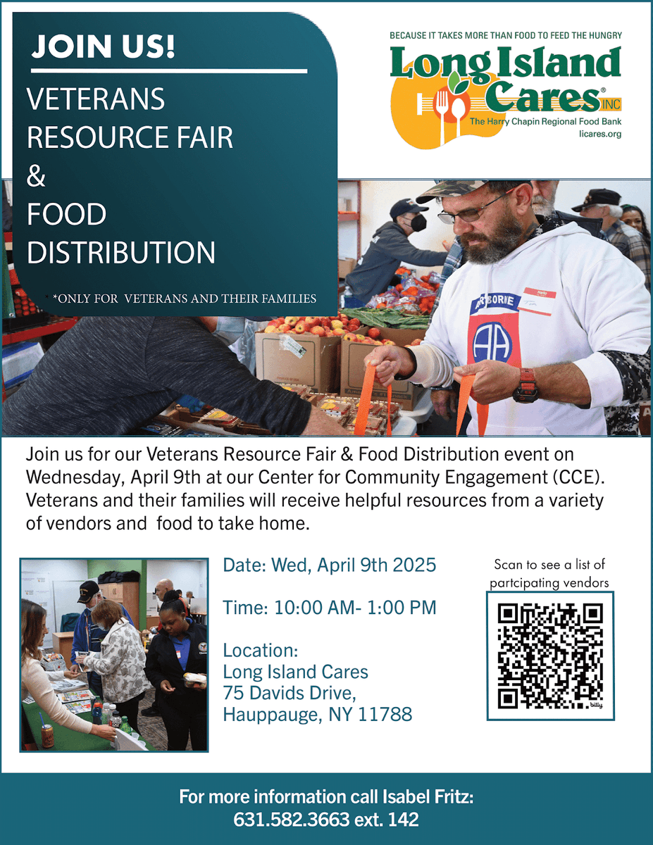 SuffolkIDA's tweet photo. Join Long Island Cares for a Veterans Resource Fair &amp; Food Distribution event offering resources and take-home food for veterans and their families. For more information, contact Justin Berbig at (631) 582-3663 ext. 151

#VeteranResources #LongIsland #Community #SuffolkCounty https://t.co/8Rcuys3ow9