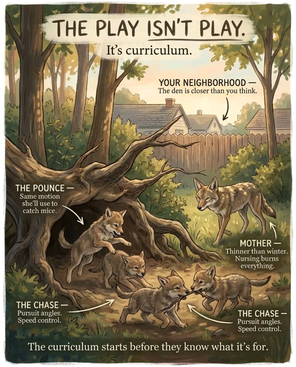 dufitalexis1's tweet image. The coyote pups are above ground now. If you live near a wooded edge, a park boundary, or a golf course, there's a den within half a mile of your house — and the pups are outside it for the first time this week.

They were born underground in March. Four to six pups in a den she