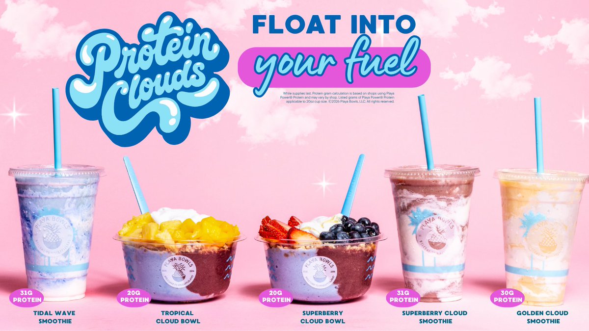 playabowls's tweet photo. Still looking for easy ways to get your protein in?! We got you covered... introducing our BRAND NEW Protein Clouds menu ✨☁️💖 Packed with protein and blended to cloud-like perfection these specials are a MUST try! https://t.co/GBmOdYLxJB