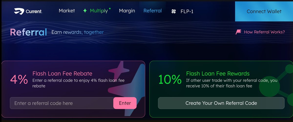 DeFi_Alien0's tweet photo. Current’s Referral Module just went live

Here’s the key takeaway:

- You need at least $10k in volume to unlock your referral code

- Once generated you’ll earn 10% of your referees’ flash loan fees

- Your referees also earn a 4% rebate on flash loan fees

win-win situation 🤝 https://t.co/6qkqgKkr7E