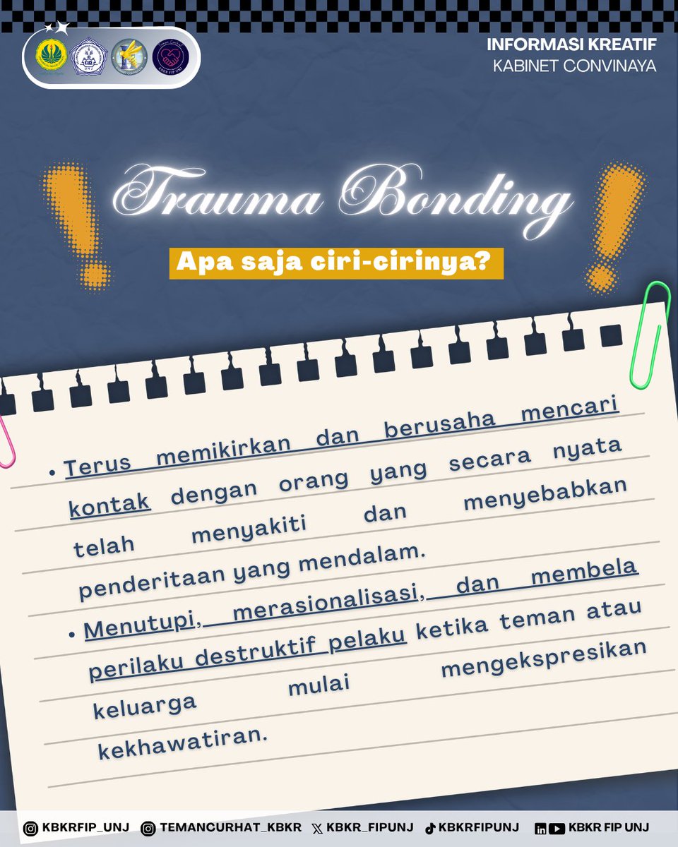 KBKR_FIPUNJ's tweet photo. Yuk kenali tanda-tanda trauma bonding dan mulai langkah kecil untuk lebih menghargai diri sendiri.🤍 https://t.co/5xARwIZCaj