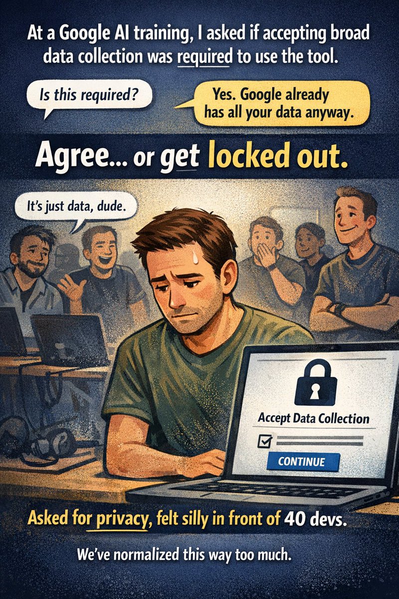 Illustration of developer being pressured to accept data collection at Google AI training event