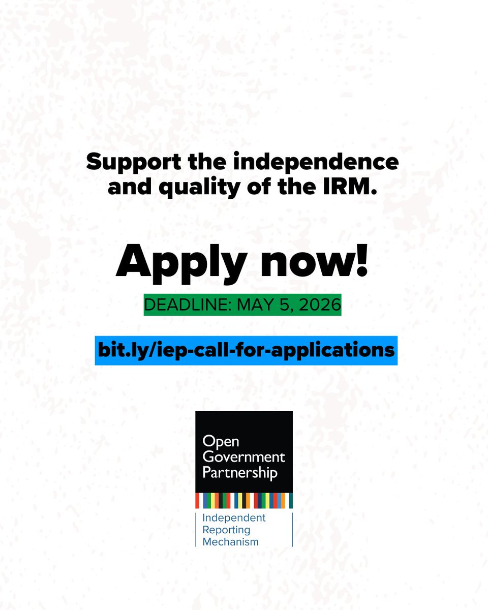 opengovpart's tweet image. 📢 Join the Independent Reporting Mechanism's International Experts Panel!

We’re looking for experts to guarantee the independence and quality of the IRM products and assessments. 

📅 Apply by May 5

👉 Learn more &amp;amp; apply: bit.ly/iep-call-for-a…

#Jobs #Hiring #Research