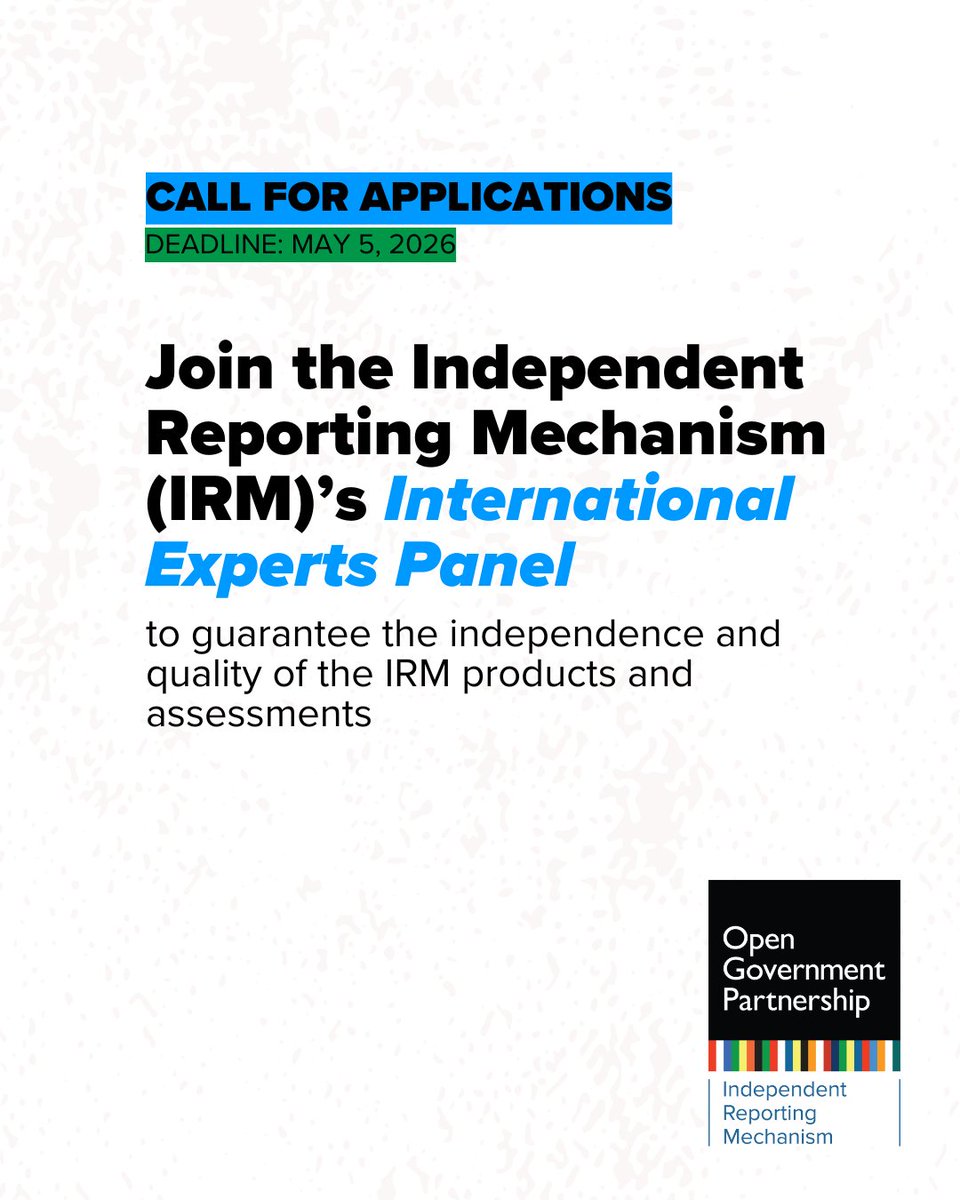opengovpart's tweet image. 📢 Join the Independent Reporting Mechanism's International Experts Panel!

We’re looking for experts to guarantee the independence and quality of the IRM products and assessments. 

📅 Apply by May 5

👉 Learn more &amp;amp; apply: bit.ly/iep-call-for-a…

#Jobs #Hiring #Research