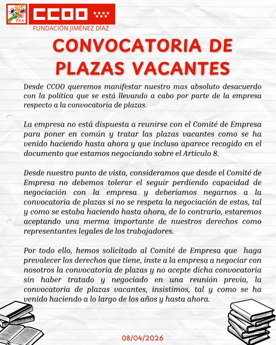 CCOO Fundación Jiménez Díaz: Desacuerdo de CCOO con la convocatoria de plazas v... ccoo-fjd.blogspot.com/2026/04/desacu… 
📌📌Desacuerdo de CCOO con la convocatoria de plazas vacantes #ccoosemueve #ccooinforma #fundacionjimenezdiaz