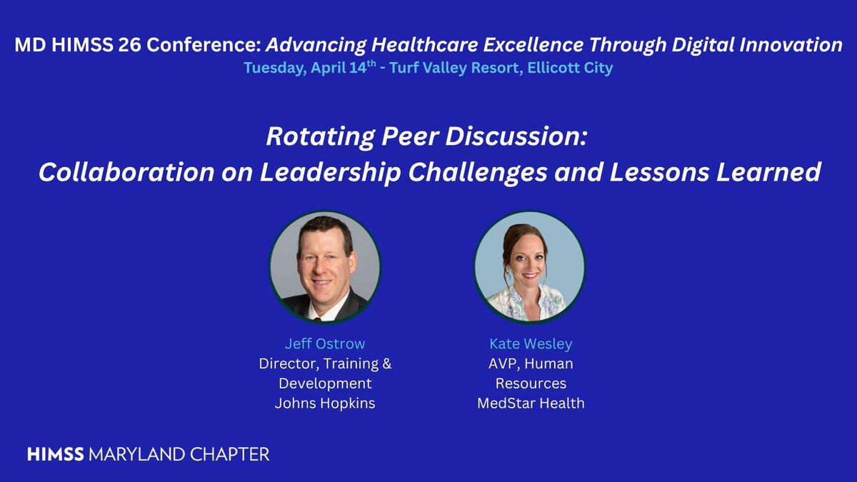MDHIMSS's tweet photo. Leading change and upskilling every day is at the heart of our Rotating Peer Discussion, being offered at our annual conference! Plan to join us and register today. 

https://t.co/W6VamdlC0N 

@HIMSS @MDHIMSS #MDHealth https://t.co/7EXoVP31jM