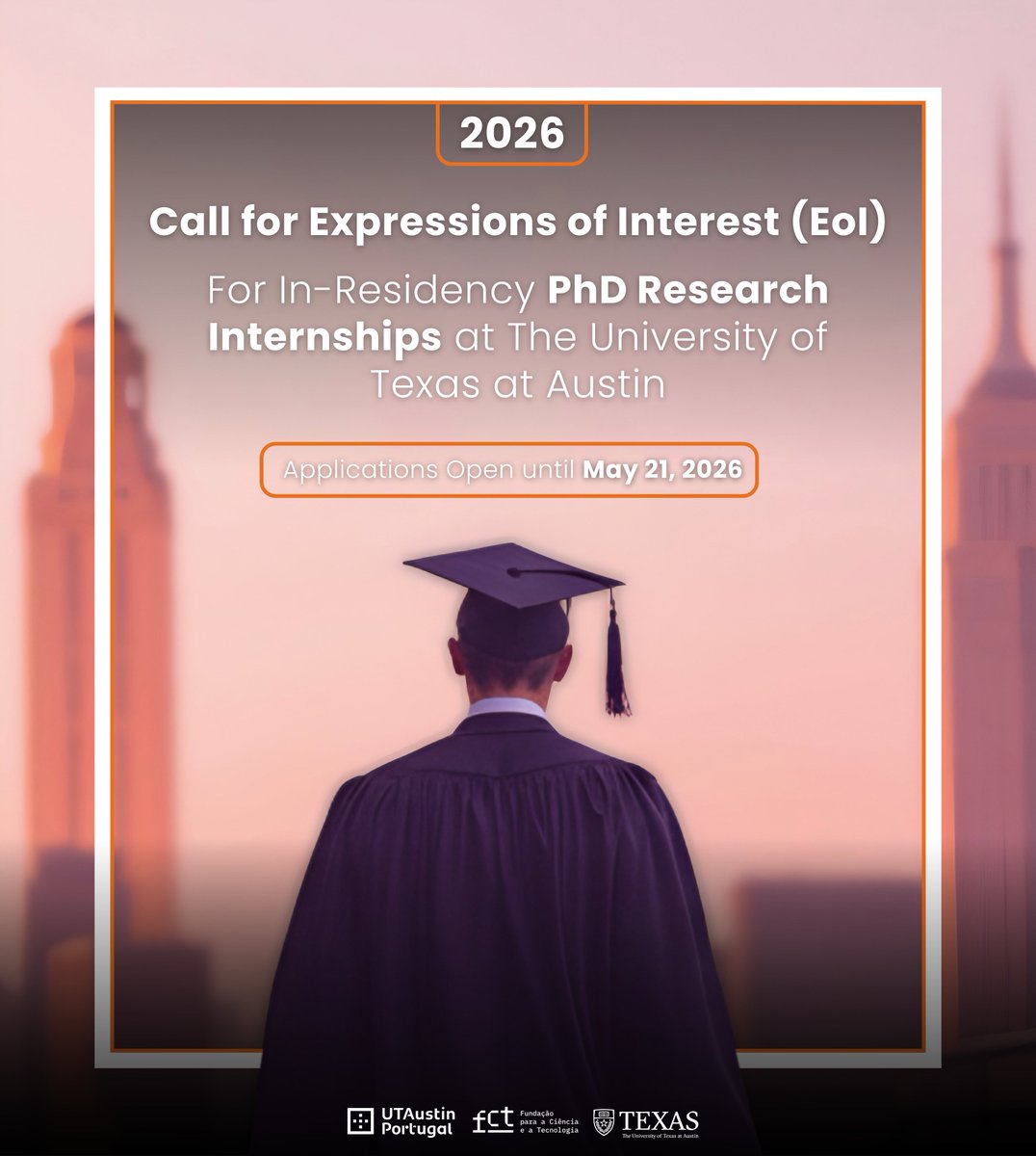 UTPortugal's tweet photo. The UT Austin Portugal Program has launched a new call for fully funded in-residence Ph.D. research internships, designed for doctoral students who wish to strengthen their work through direct collaboration with UT faculty.

Learn more: https://t.co/9O4OBy1Hs0 https://t.co/chDo7b3fzp