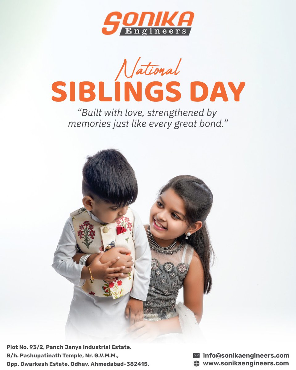 sonikaengineers's tweet photo. Celebrating the Bond of Siblings 💛
Built with love, strengthened by memories — just like every sibling bond. 
Happy National Siblings Day!
#NationalSiblingsDay #SiblingLove #FamilyBond #BrotherSister #PureLove #Memories #TogetherForever #SonikaEngineers #AhmedabadBusiness https://t.co/iC1o4HKWsm
