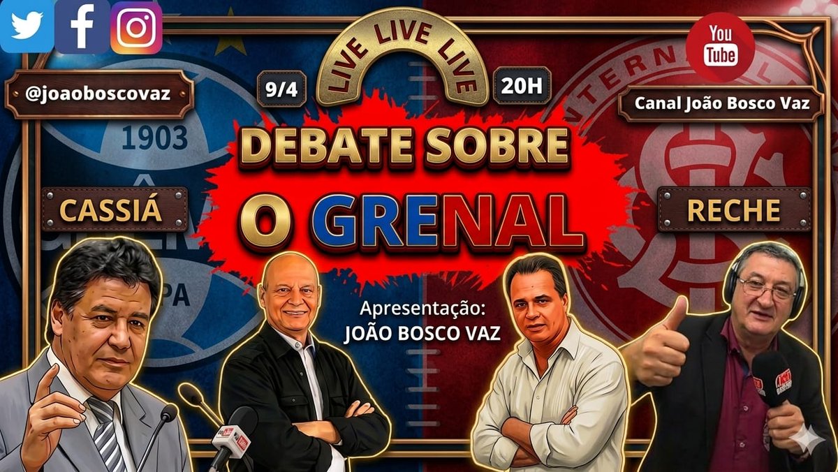 Tem Live hoje , 9/4, às 20 horas. Luiz Carlos Reche e Cassiá Carpes debatem o Grenal deste sábado.
#Inter #Grêmio #Grenal