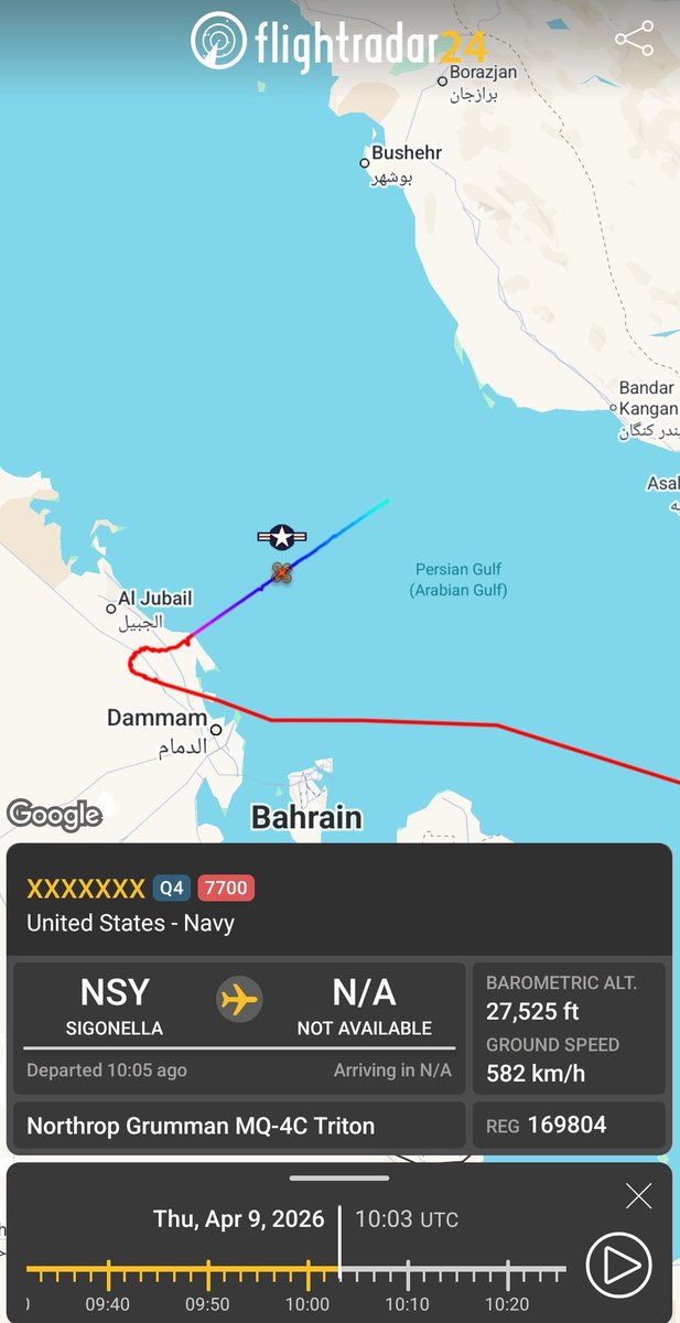 MenchOsint's tweet image. Interesting development, US Navy's MQ-4C Triton that was operating over the Persian Gulf squawked 7700 emergency &amp;amp; likely descended in the Persian Gulf.

GPS jamming? Shot down?

*It's the airframe 169804 that took off from NAS Sigonella, Sicily.
