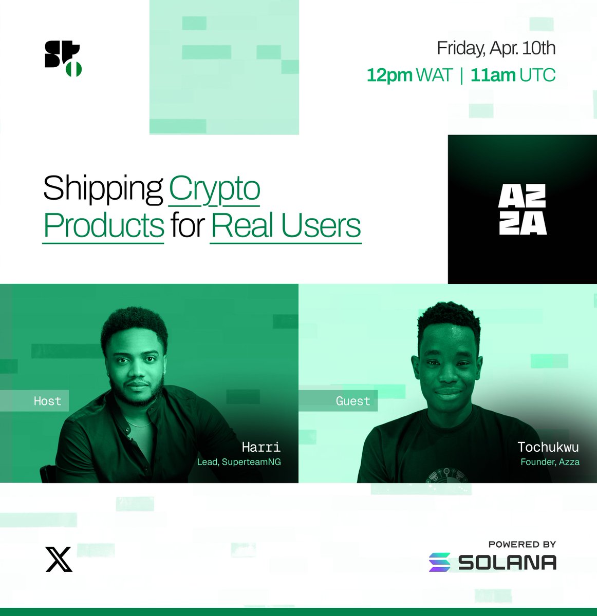 SuperteamNG's tweet image. Join us for a Space tomorrow with the founder of @useazza let's talk about: 
“Shipping Crypto Products for Real Users”

📆 April 10, 2026
⏰ 12 PM WAT | 11 AM UTC
🔗 x.com/i/spaces/1Xxyg…