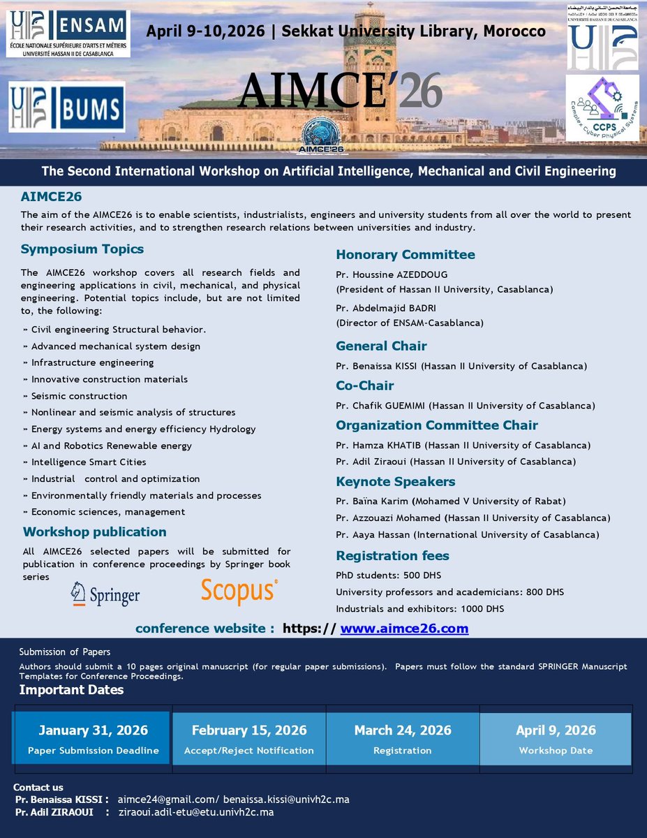 kbaina's tweet photo. Ravi d'avoir contribué comme invited speaker avec un talk intitulé "Trustworthy AI - Ethical Foundations for AI Governance", à AIMCE'2026, The Second International Workshop on Artificial Intelligence, Mechanical and Civil Engineering, April 9, 2026, Casablanca, Morocco. https://t.co/unZs0IGYY4