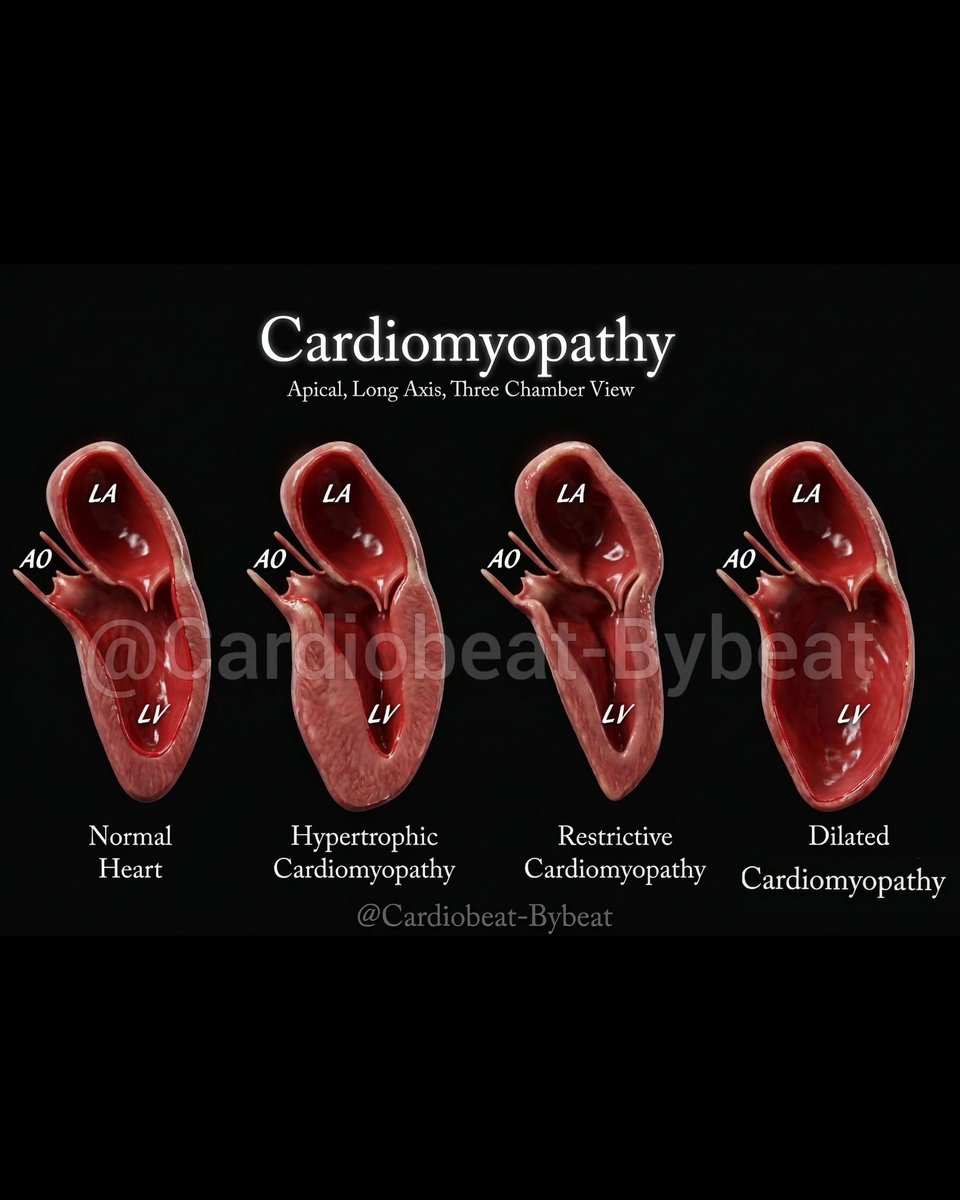 CardioBeat_'s tweet image. facebook.com/share/p/1CNexo…
This apical three-chamber view highlights the structural remodeling across primary cardiomyopathies. Key features include ventricular hypertrophy (HCM), ventricular dilation with impaired systolic function (DCM.
#Cardiology #Cardiomyopathy #HeartFailure 🫀