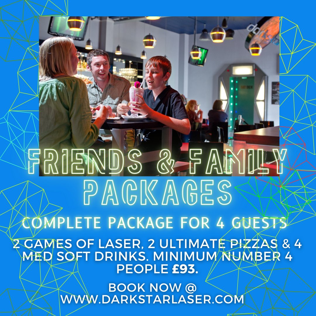 DarkstarLaserUK's tweet image. Looking for a more compact birthday celebration or just a night out with friends?
Check out our Family &amp;amp; Friends Package
2 Games of Laser, 2 Ultimate Pizzas &amp;amp; 4 medium soft drinks. minimum number of 4 just £93 @ darkstarlaser.com #sthelens #Liverpool #holidayfun #raindayfun