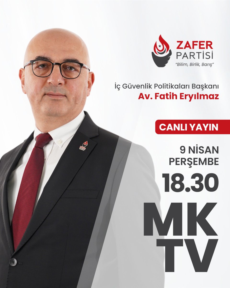 İç Güvenlik Politikaları Başkanımız Av. Fatih Eryılmaz, bugün (9 Nisan Perşembe) saat 18.30'da MK TV'de Fatih Ertürk'ün canlı yayın konuğu olacaktır. 

🗓️ 9 Nisan Perşembe
⏰ 18.30
📺 MK TV

#ParolamızZafer