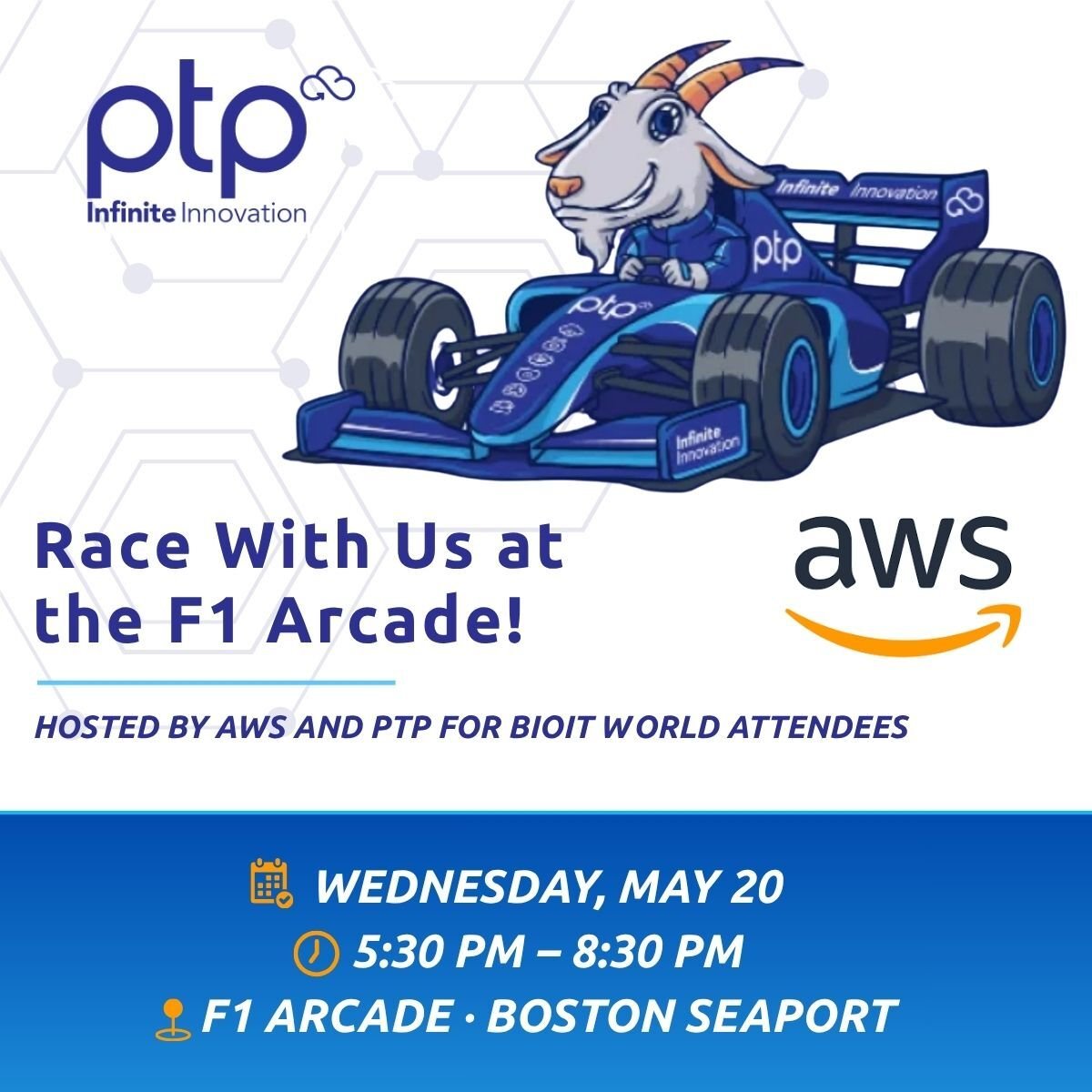 PTPCloud's tweet photo. Bio-IT week doesn’t end when the conference does.

PTP is partnering with AWS to host an evening designed for what matters most real conversations and meaningful connections.

Join us for “An Evening with AWS & PTP at the F1 Arcade” following the Bio-IT World Conference & Expo.

No panels. No presentations.
Just a high-energy environment where biotech and life sciences professionals can connect beyond the conference floor.

We’ve intentionally created a space that blends:
• Industry networking without the formality
• Continued conversations from Bio-IT
• A unique venue experience with F1 racing simulators
• A relaxed setting to build real relationships

Whether you're reconnecting with peers, meeting new partners, or just looking to unwind after a full day, this is where the community comes together.

📍 F1 Arcade Boston
📅  Wednesday, May 20th | 5:30 PM

Register here: https://t.co/XOfeJ4Yi5m

Where innovation meets community just with a little more speed.

#PTPcloud #AWS #BioIT #LifeSciences #Biotech #Networking #BostonEvents