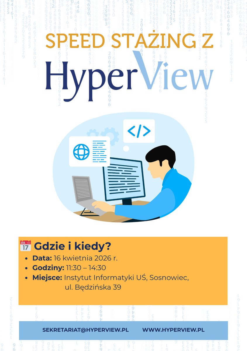 HyperView_GL's tweet image. ⚡️ Szybka randka z HyperView? Sprawdź zasady „Speed stażingu”! 

📅 Gdzie i kiedy? 
🔹Data: 16 kwietnia 2026 r.  
🔹Godziny: 11:30 – 14:30  
🔹Miejsce: Instytut Informatyki UŚ, Sosnowiec, ul. Będzińska 39  

💡Pro tip: Zabierz ze sobą CV!  
#HyperView #SpeedStazing #UŚ