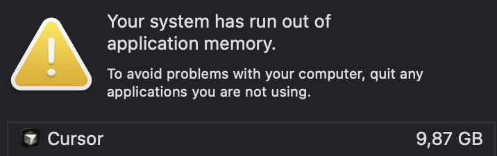 lukaspoloki's tweet photo. cursor using 10GB of memory is crazy @cursor_ai 

and it's not even working on anything atm https://t.co/sjRJYkdT3x