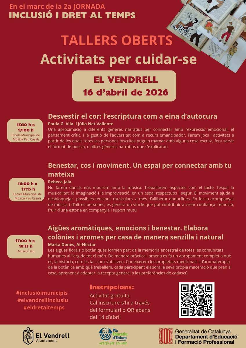 educatiu's tweet photo. 📣Ja us podeu inscriure als tallers de la 2a Jornada Inclusió i Dret al Temps. Els tallers són oberts a tothom.

Inscriu-t'hi i reserva la teva plaça!👈

#Inclusió #DretAlTemps #ElVendrell https://t.co/j7QVegErfM