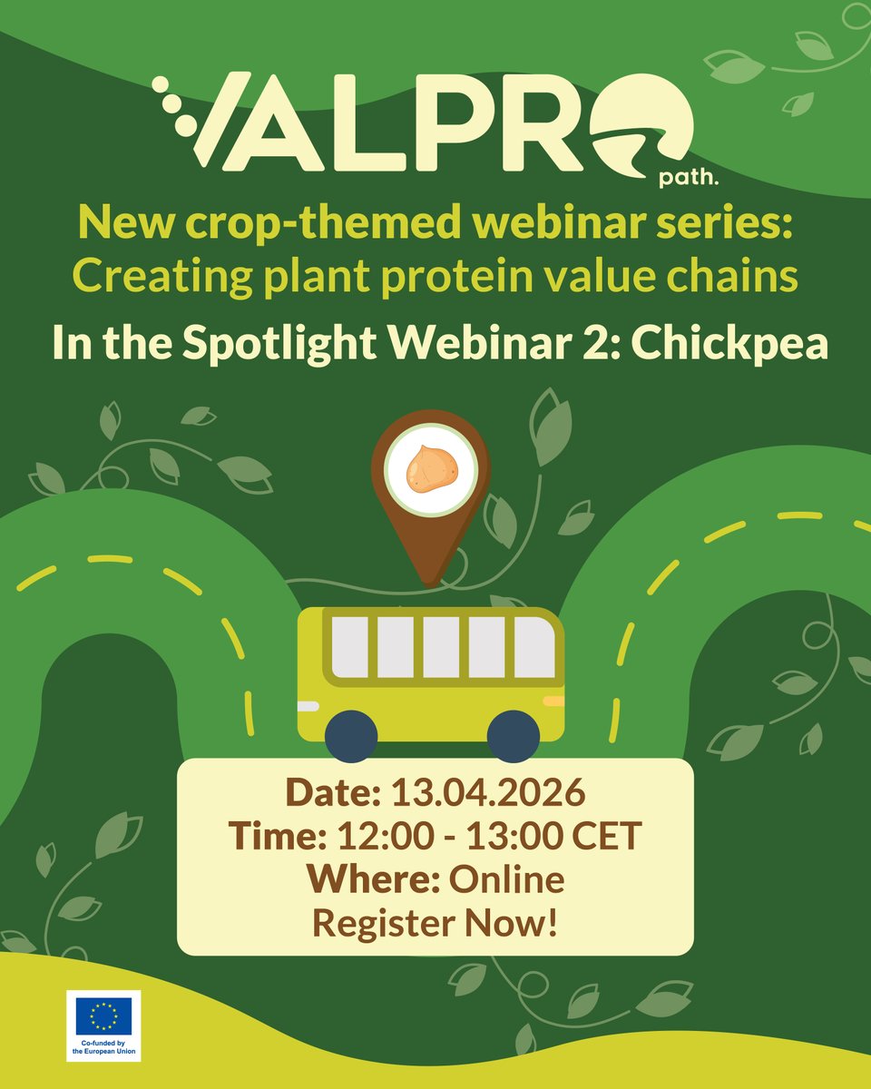 VALPRO_Path's tweet image. 🌱 Join VALPRO Path Webinar #8 to discover how chickpeas can boost sustainable plant protein!
Hear about yield, processing, and milling insights for food innovation.

📅 13 Apr | 12:00 CET
💻 Zoom
👉Register: us06web.zoom.us/webinar/regist…

#PlantProtein #Chickpea