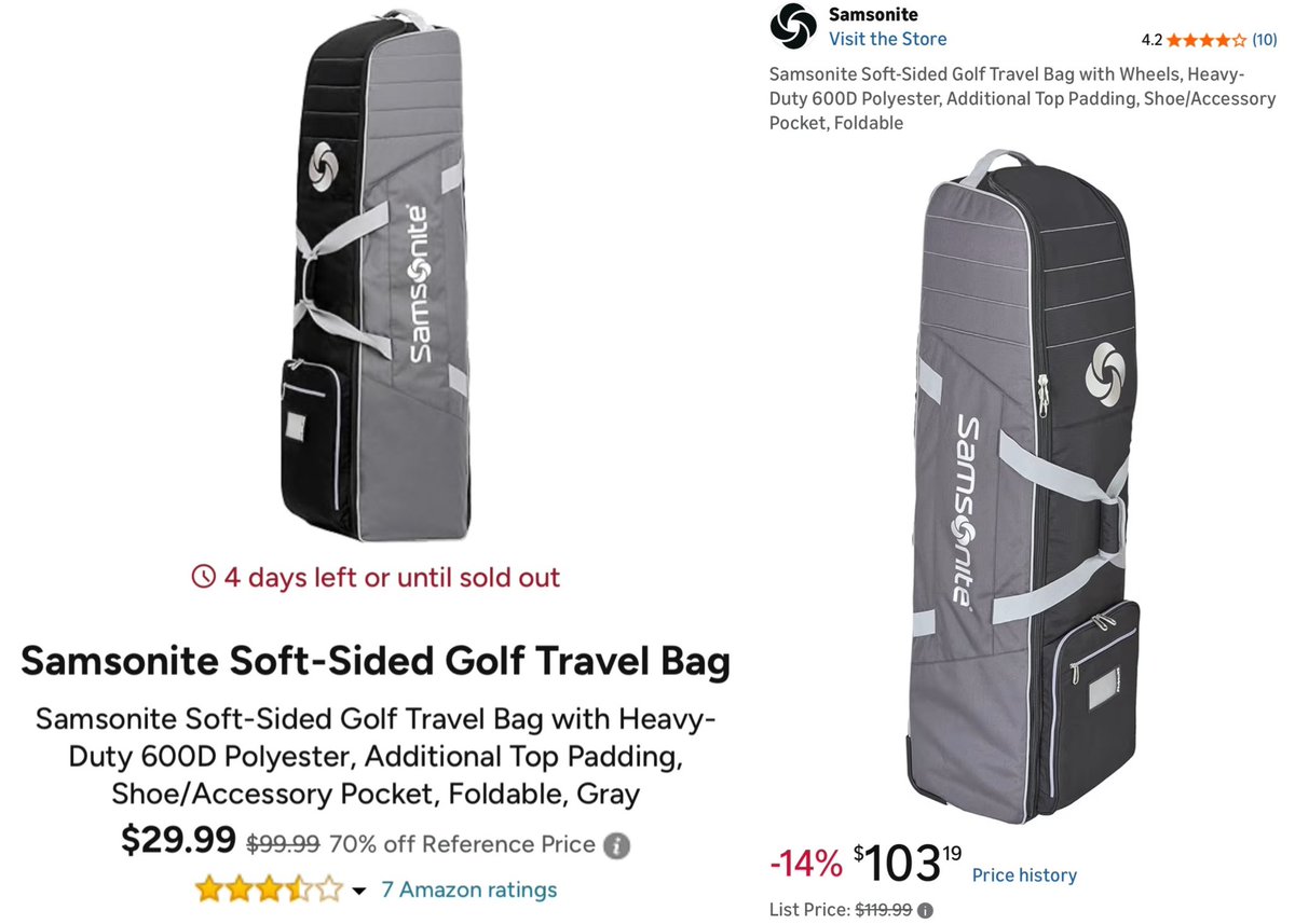 GlitchedDeals's tweet image. $30 SAMSONITE GOLF TRAVEL BAG

This $120 soft-sided golf bag is now $90 off at Woot

Same bag is listed for $103 at Amazon

Ships free for Amazon Prime members

mavely.app.link/PlPEXo2fc2b #ad