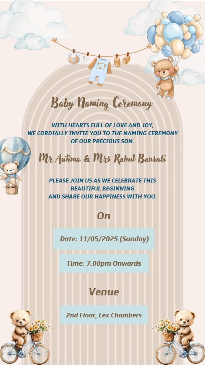 craftyartstudio's tweet image. Charming teddy bear naming ceremony invitation card perfect for baby celebrations.
Visit here: craftyartapp.com/english-naming…
#NamingCeremony #BabyNaming #BabyBoy #BabyCelebration #TeddyBearTheme #CuteInvitation #BabyShowerVibes #WelcomeBaby #FamilyCelebration