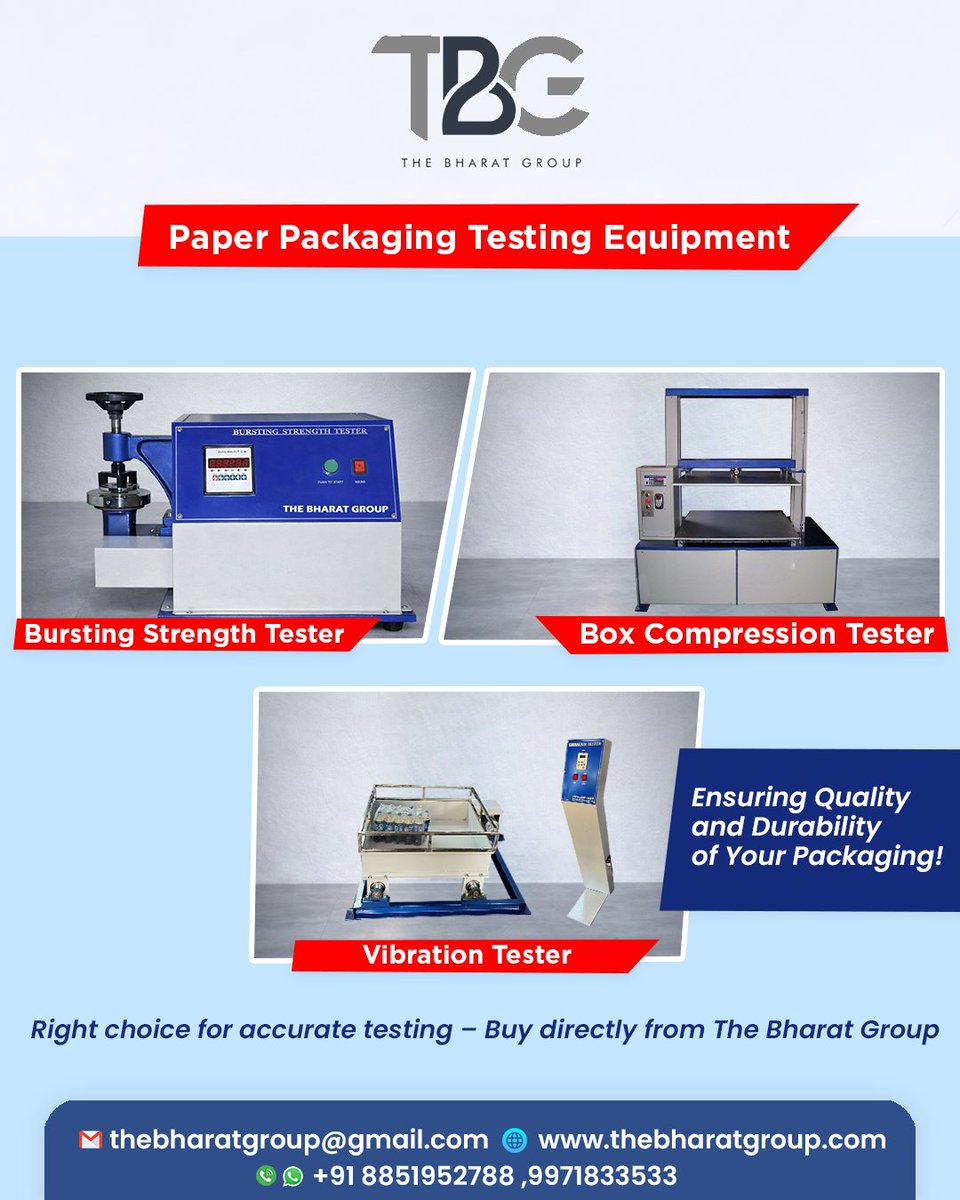thebharat_group's tweet image. Strong packaging starts with accurate testing! 📦💪
Boost quality with our Bursting Strength, Box Compression &amp;amp; Vibration Testers.
Right choice for reliable results – The Bharat Group

📩 DM for details

Hashtags:
#PackagingTesting #QualityControl #TestingEquipment
