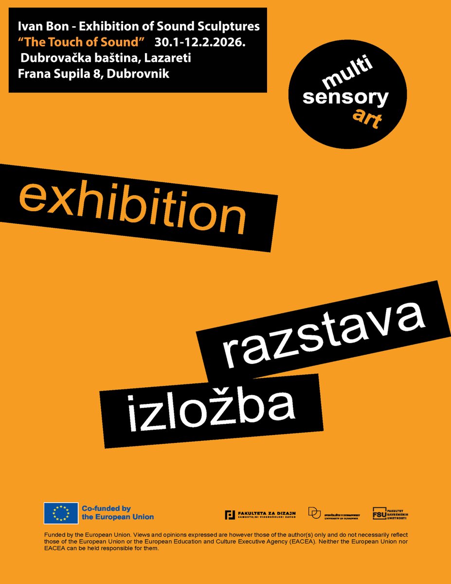 FSUBeograd's tweet image. Ivan Bon’s “Touch of Sound” at Lazareti Gallery featured 12 tactile sound sculptures for visually impaired audiences. EU-funded. 

Samostalna izložba Ivana Bona „Dodir zvuka“ u Lazaretima: 12 taktilnih zvučnih skulptura za slabovidne. Financirala EU. #multisensoryart #euproject