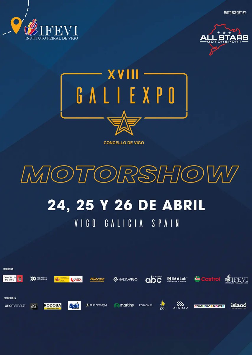 Ifevi's tweet photo. Del 24 al 26 de abril llega a IFEVI, Galiexpo Motorshow  

🏎️ Superdeportivos, clásicos y competición
🏍️ Motos, caravaning y furgocamper
🎮 Actividades, shows y simuladores
3 días de puro motor y espectáculo. ¿Te lo vas a perder?
#Galiexpo #MotorShow #Vigo #EventosGalicia https://t.co/PnA1XJioDe
