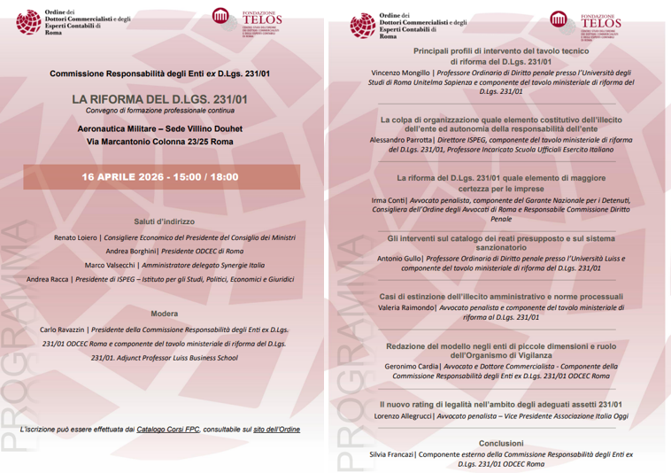 Geronimo_Cardia's tweet photo. 📍ODCEC | 16 APRILE 2026 | CONVEGNO “LA RIFORMA DEL d.lGS.231/01” | VILLINO DOUHET, ROMA  Terrò un intervento su “Redazione del modello negli enti di piccole dimensioni e ruolo dell’Organismo di Vigilanza”.  

Programma e iscrizioni 👉https://t.co/rMGesw1dD5 https://t.co/aF4sAXXBxy