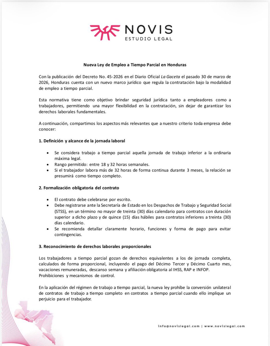 LegalNovis's tweet photo. Gisela Pineda explica las consecuencias de la reciente aprobación de la Ley de Empleo a Tiempo Parcial en Honduras. También responde a la pregunta de cómo pueden adaptarse las empresas a este nuevo marco normativo en Honduras. https://t.co/YAdBEtNsOj
