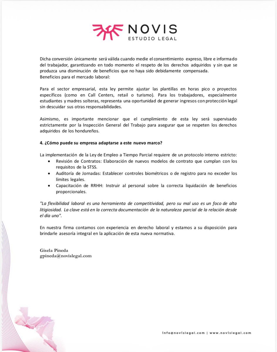LegalNovis's tweet photo. Gisela Pineda explica las consecuencias de la reciente aprobación de la Ley de Empleo a Tiempo Parcial en Honduras. También responde a la pregunta de cómo pueden adaptarse las empresas a este nuevo marco normativo en Honduras. https://t.co/YAdBEtNsOj